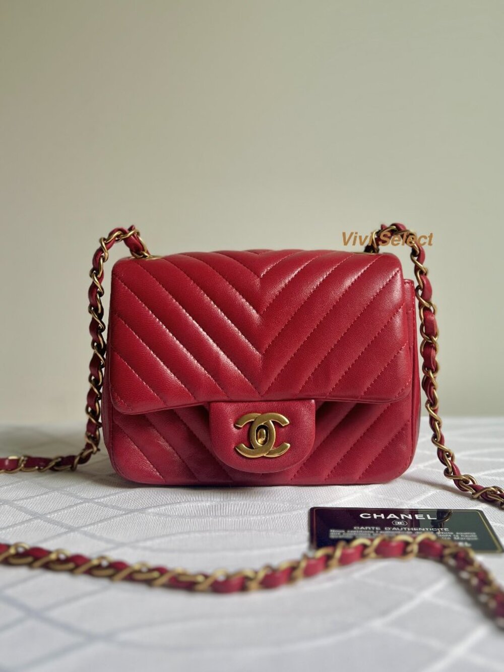 100% Authentic CHANEL Mini Square Classic Flap in red chevron lambskin with GHW